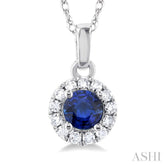 3.25 MM Round Sapphire and 1/20 Ctw Single Cut Diamond Halo Precious Pendant with Chain in 10K White Gold